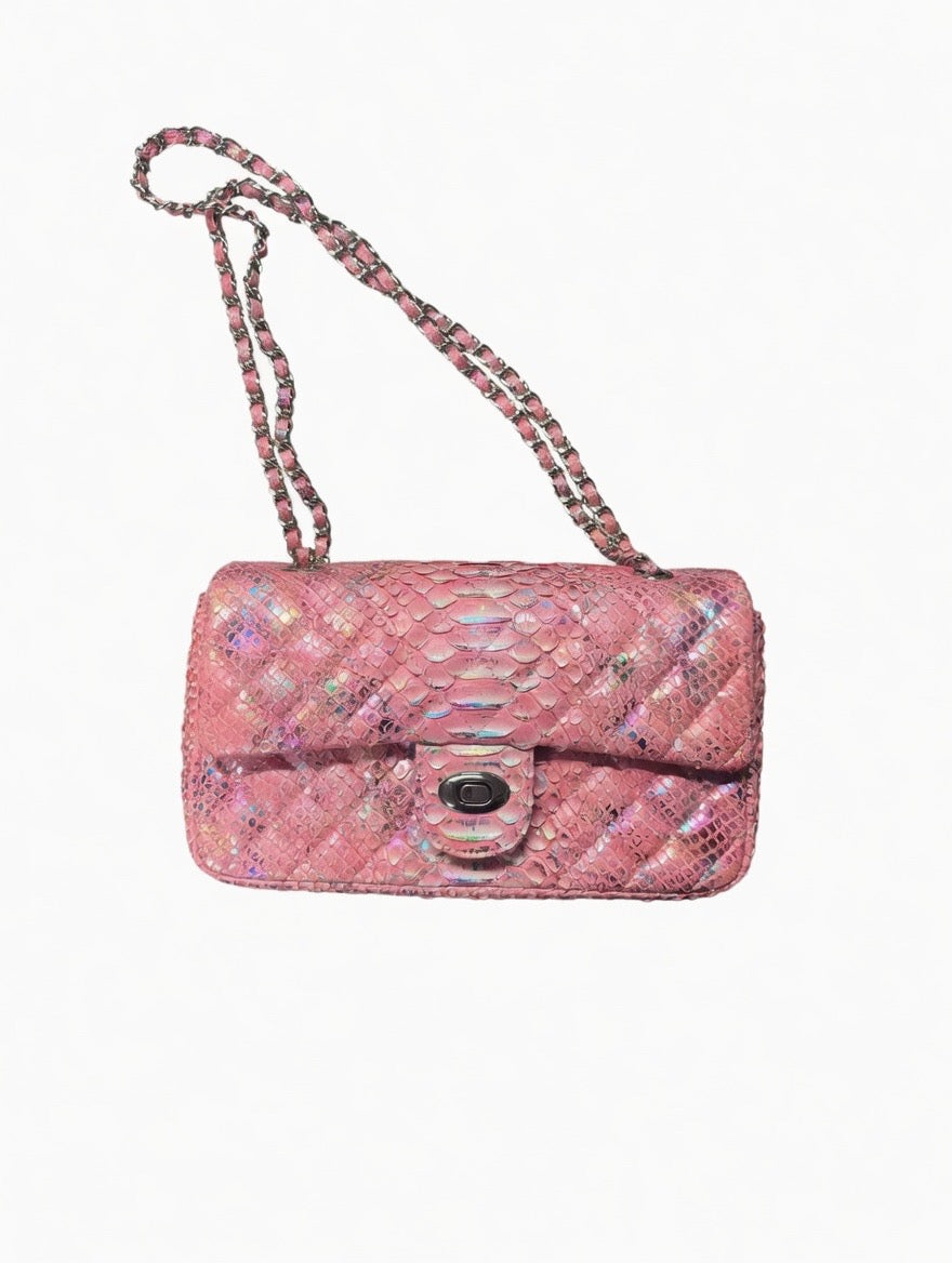 Pink Diamond Stitched Python Flap Bag