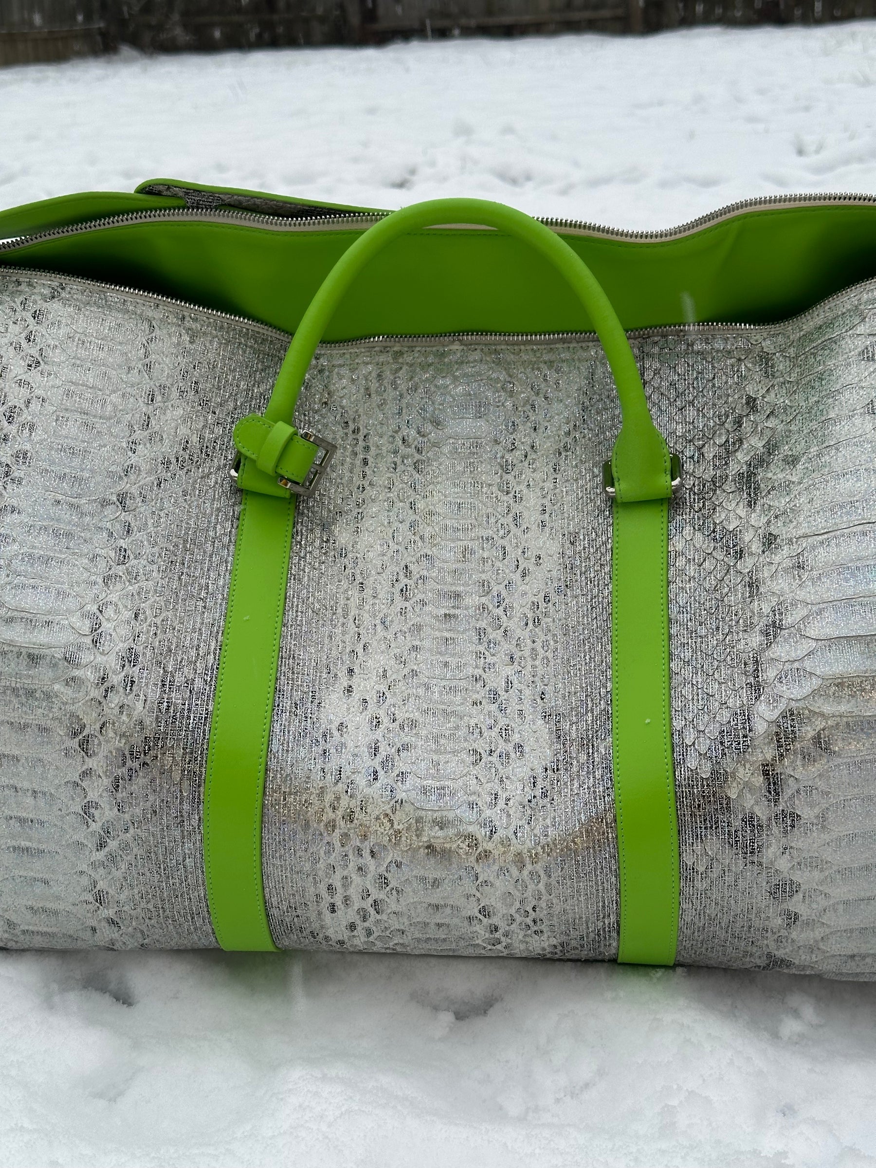Lime leather handle and buckle on silver python