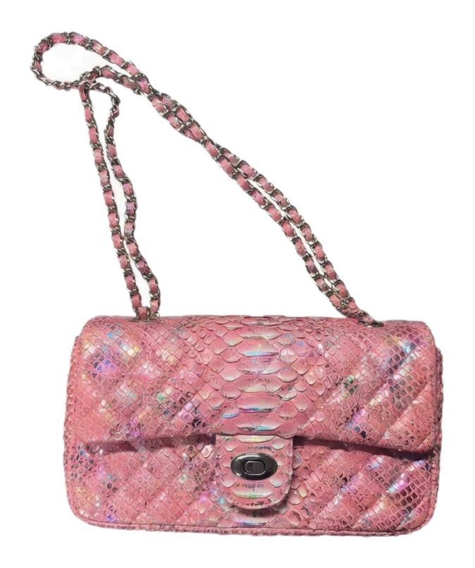 Pink Diamond Stitched Python Flap Bag